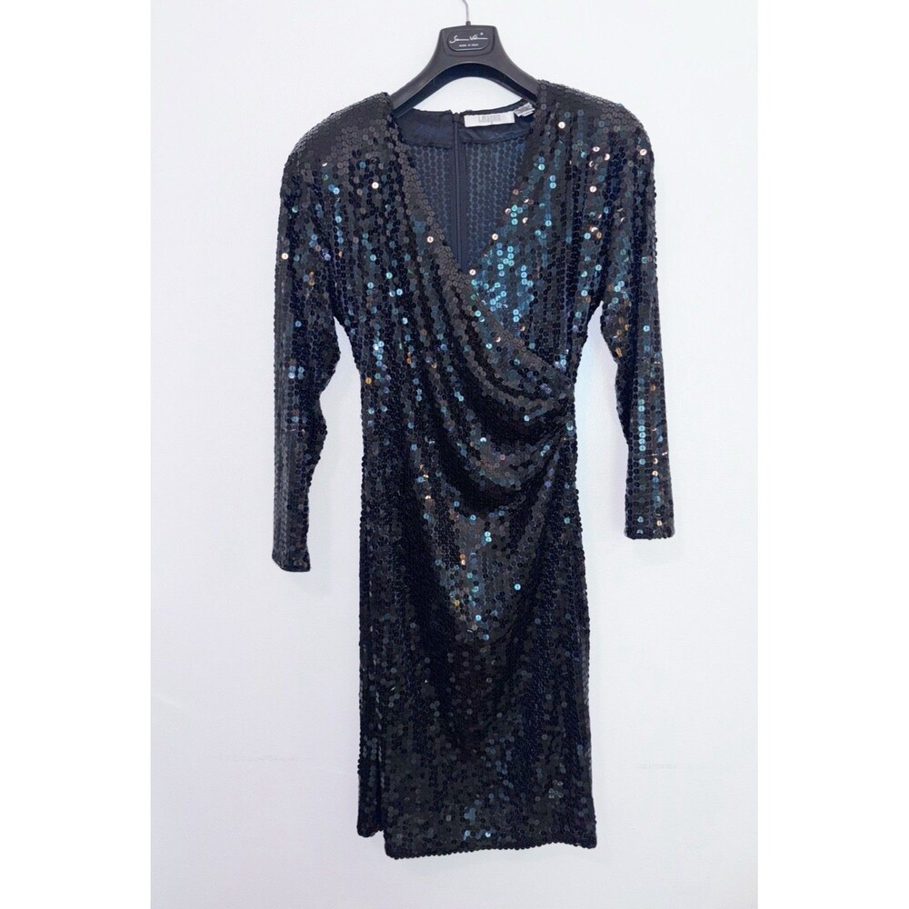 Vintage I. Magnin Black Sequin Dress Size 10 Padded Shoulders